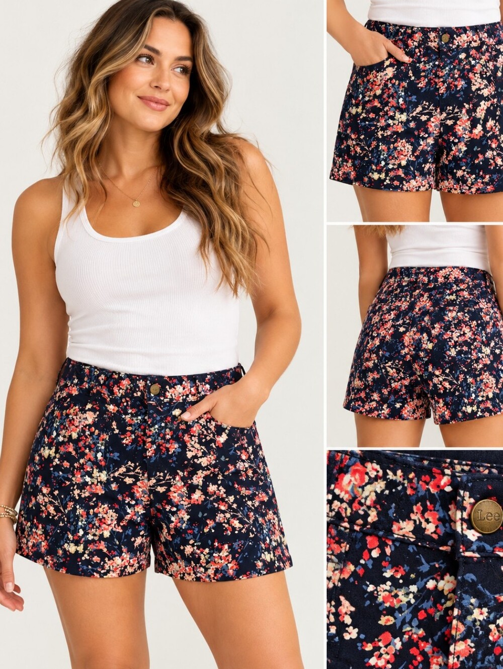 Lee Riders Women’s Mid Rise Floral Shorts Navy Pink Stretch Casual
